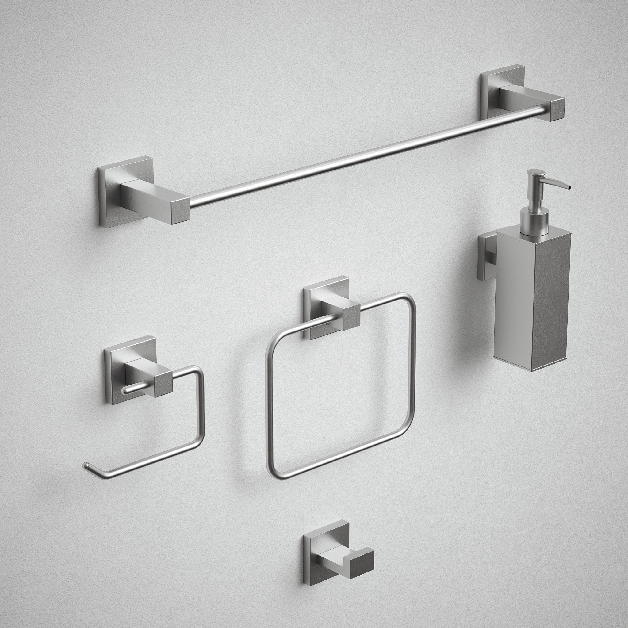 Bathroom Accessories Set - Brushed Silver Square