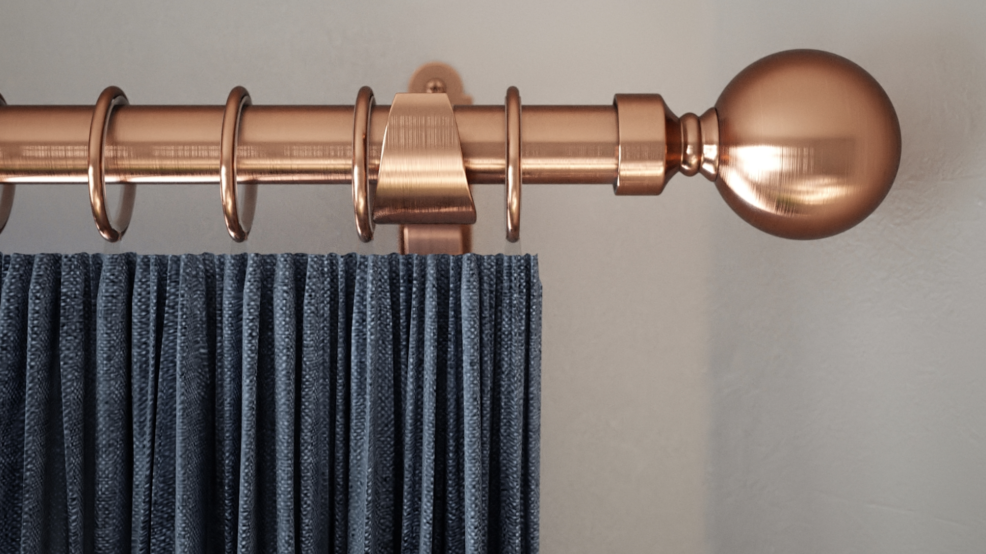 Rothley Antique Copper curtain pole with orb finial and blue curtain