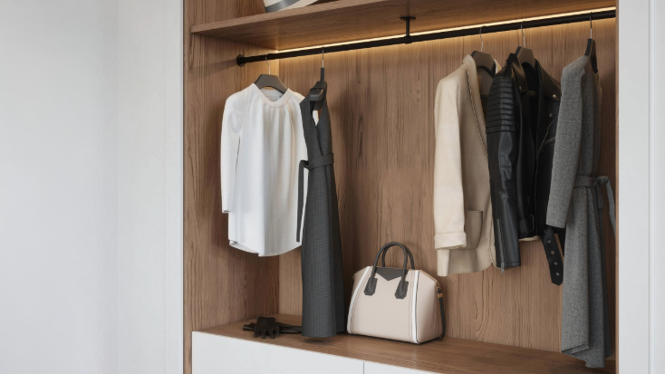 A modern wardrobe showcasing Rothley's stylish wardrobe fittings as the perfect finishing touch.