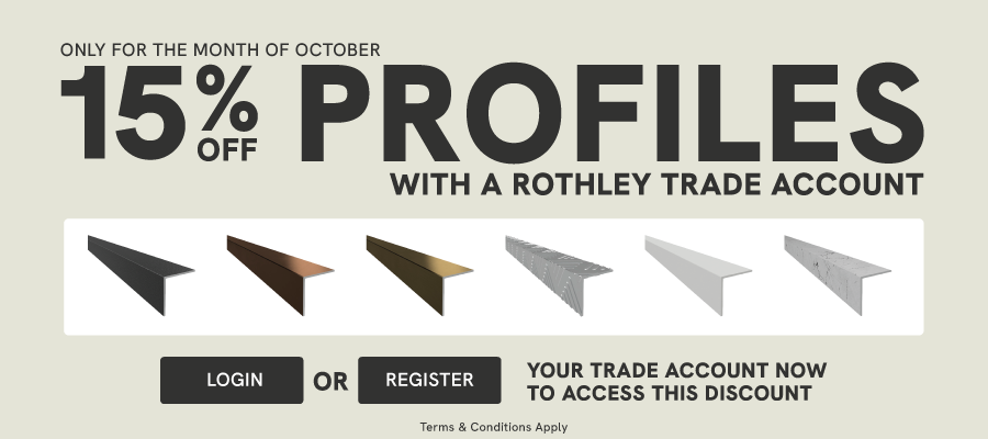 October promotion banner offering 15% off profiles with a Rothley trade account, showing six profile finishes and Login or Register buttons.1
