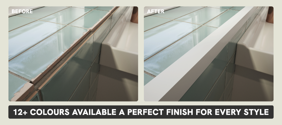 Before-and-after comparison showing a tiled bath edge transformed with a clean white profile, available in 12 or more colours for a perfect finish.2